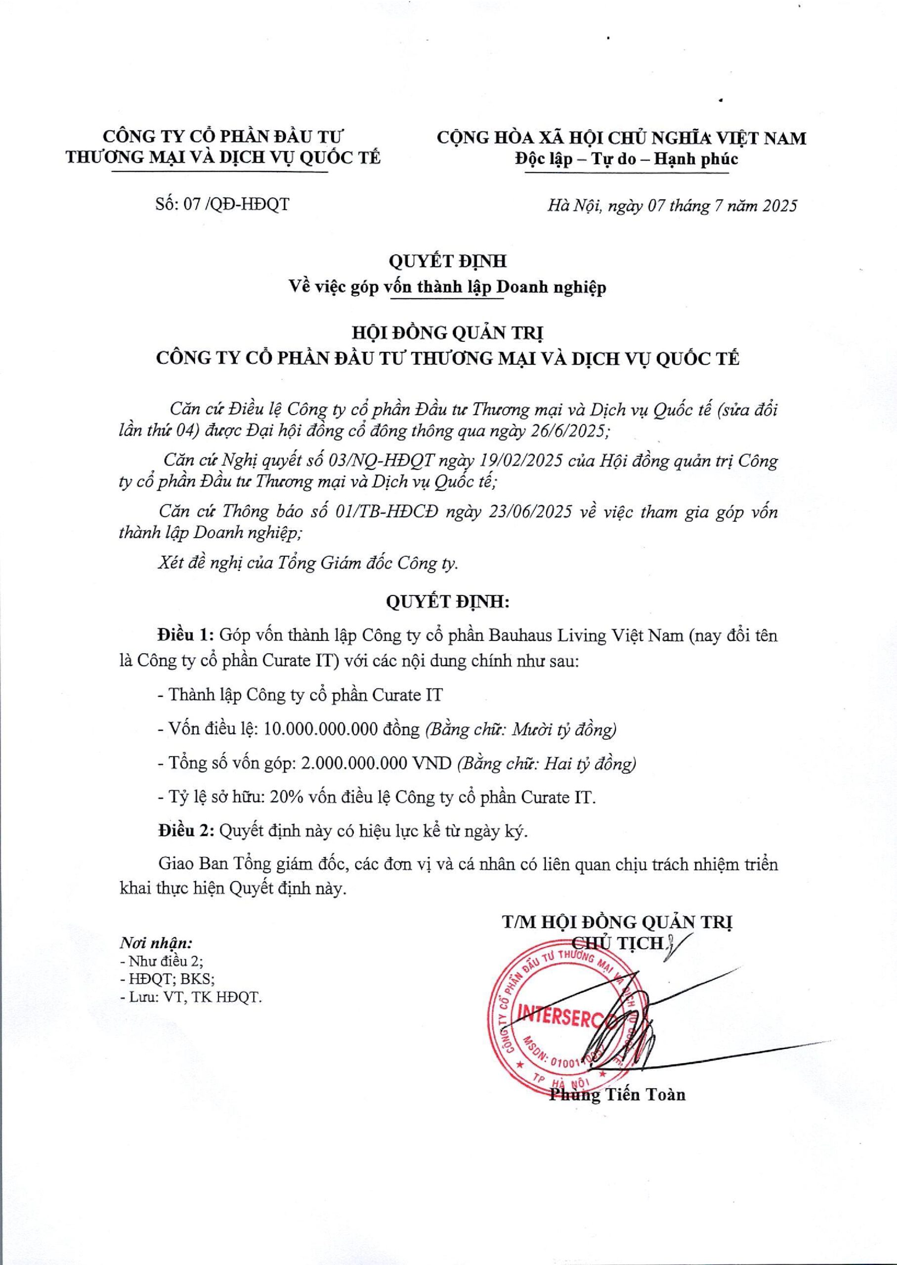 QĐ số 07.QĐ-HĐQT về việc góp vốn thành lập doanh nghiệp Curate it_0001