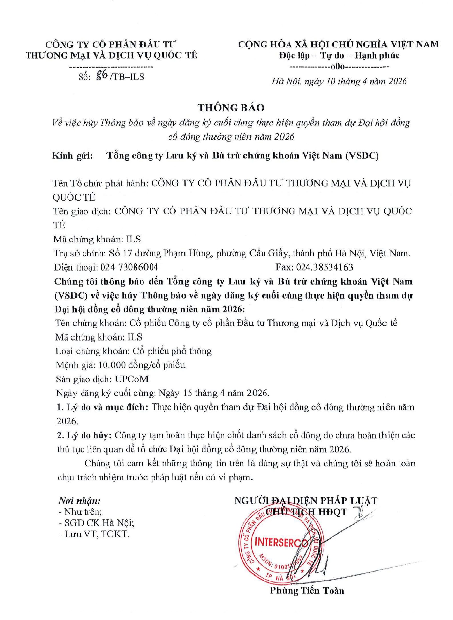 2026.4.10. CV 86.TB.ILS Hủy thông báo ngày ĐKCC Thực hiện Quyền tham dự ĐHĐCĐ 2026-02