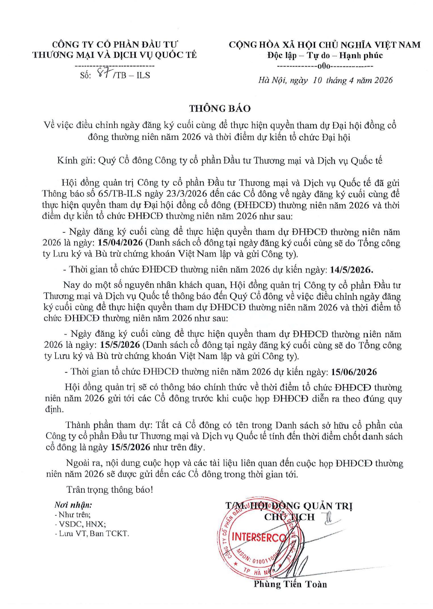 2026.4.10. CV 87.TB.ILS vv điều chỉnh ngày ĐKCC thực hiện Quyền tham dự ĐHĐCĐ 2026-02