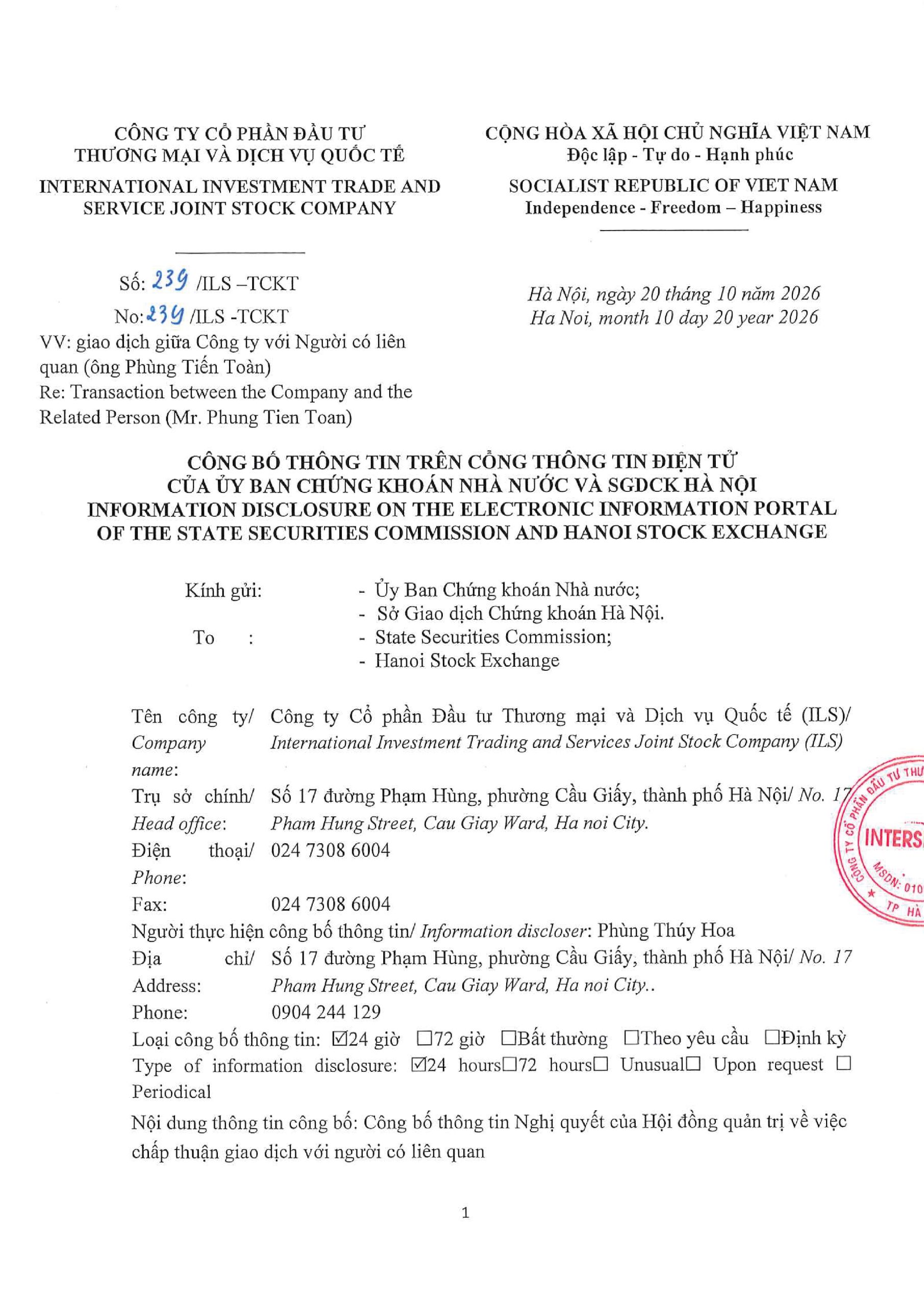 CV 239.ILS.TCKT CBTT Giao dịch với người có liên quan-01